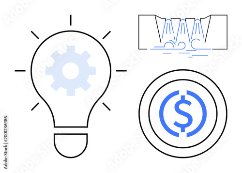 Innovation, sustainability, financial management, renewable energy, business strategy, creative process. Light bulb with gear, dollar symbol hydroelectric water system. Innovation and sustainability