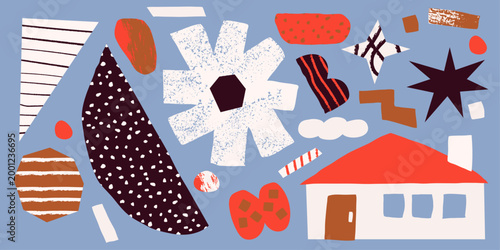 collage illustration of a house and flowers featuring abstract shapes and paper-cut textures.