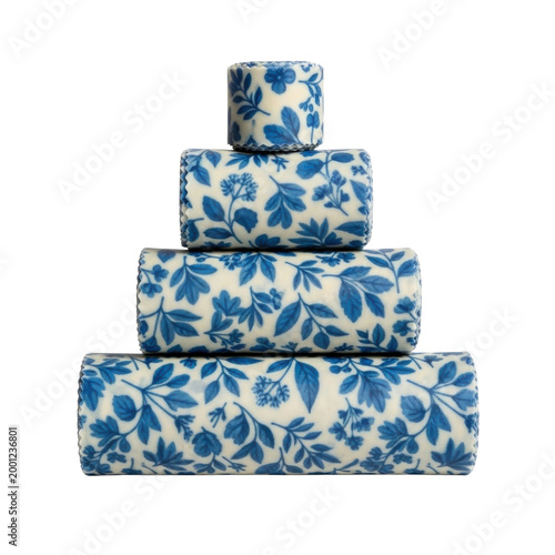 Stacked Blue Floral Ceramic Cylinders Arranged on Transparent Background