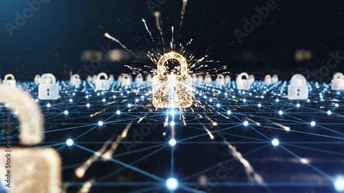 Digital Network Security Locks Protecting Data Connections.