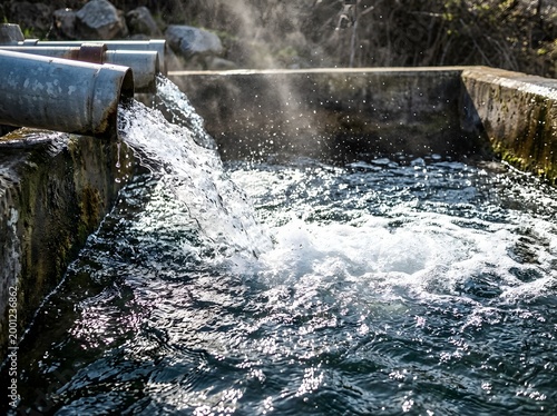 Water cascading over concrete dam in natural stream