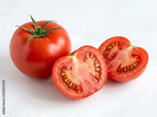 Fresh ripe tomato whole and sliced on white background