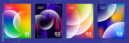 Abstract gradient backgrounds a collection of four vibrant vertical designs with spherical elements and numeric indicators