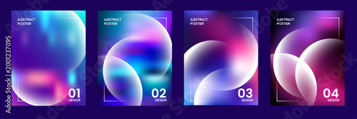 Abstract gradient backgrounds a vibrant collection of four vertical designs with fluid shapes and numeric indicators