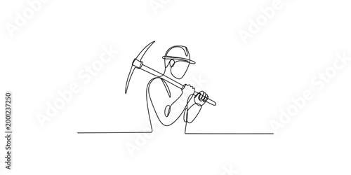 Continuous line drawing of a miner with a pickaxe isolated on white background