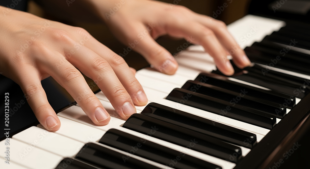 Obraz premium Musician Playing Piano with Focus, Classical and Modern Keyboard Performance, Art and Lifestyle Theme