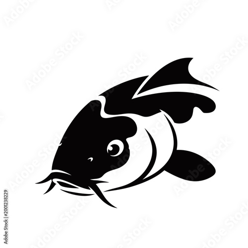 Stylized black and white illustration of a carp fish with barbels, swimming gracefully.