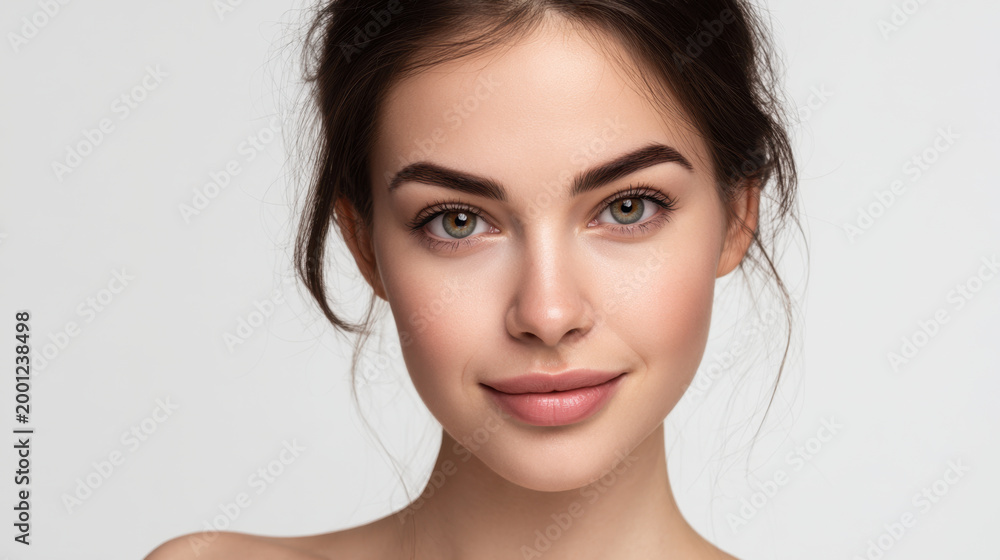 Fototapeta premium Female portrait young adult face headshot beauty neutral background dark hair brown eyes clean skin studio lighting