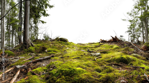 Lush Green Forest Floor Covered in Soft Moss with Tall Trees and Natural Sunlight Glimmers in a Peaceful Wilderness Setting