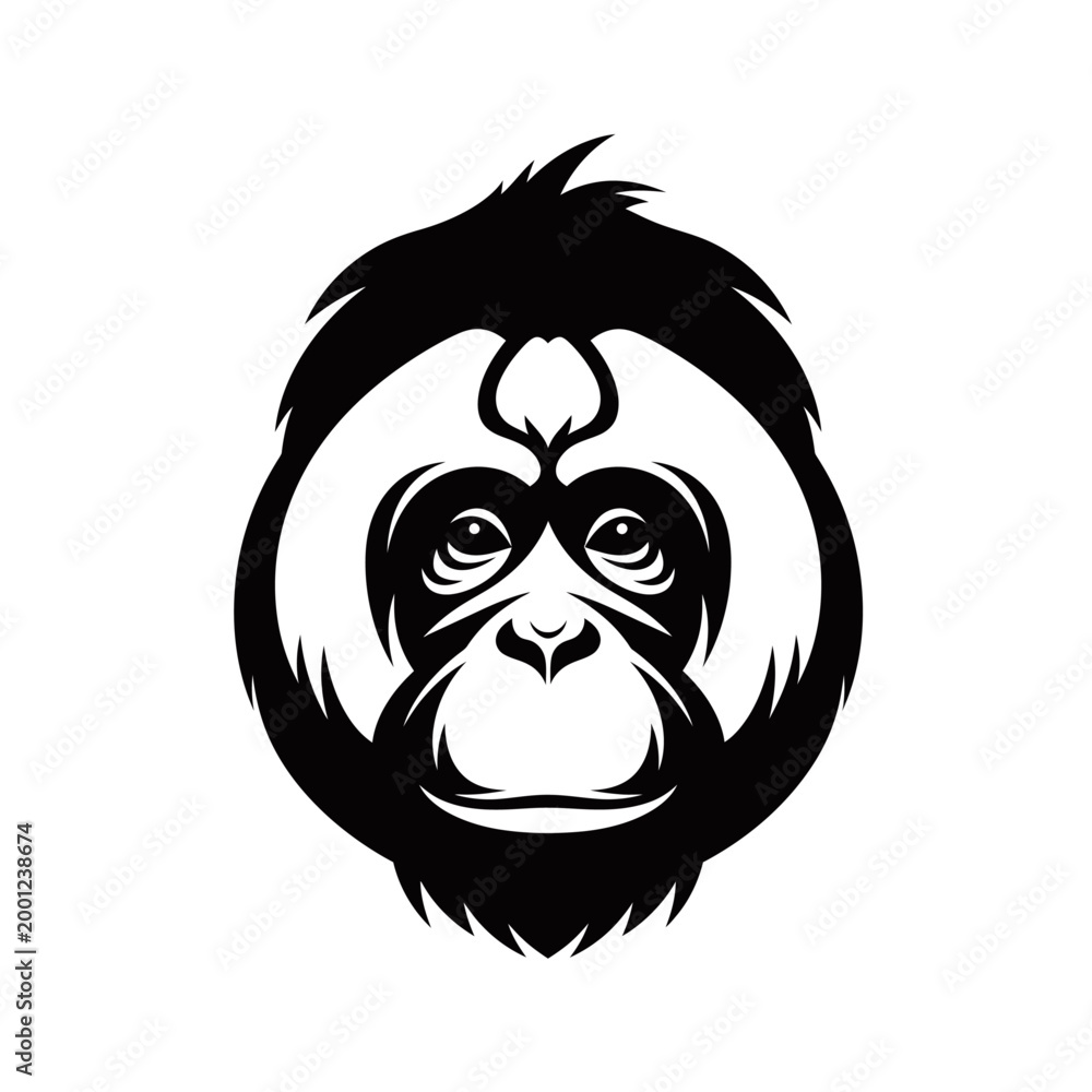 Obraz premium A black and white vector illustration of an orangutan's head, facing forward with a serious expression, isolated on a white background.