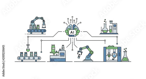 Automated robotic arm and lab equipment in AI science illustration
