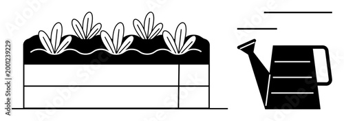 Gardening, sustainability, urban farming, agriculture, eco-friendly practices, horticulture. Raised garden bed with plants and a watering can. Gardening and sustainability concept