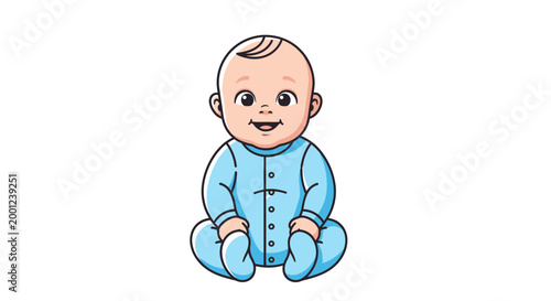 Sweet vector illustration of a happy baby, sitting and smiling brightly in a blue romper, embodying innocence, joy, and the tender moments of early childhood