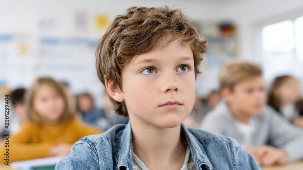 Obraz premium Young boy in classroom with students school education attentive child classroom student learning education portrait school lesson