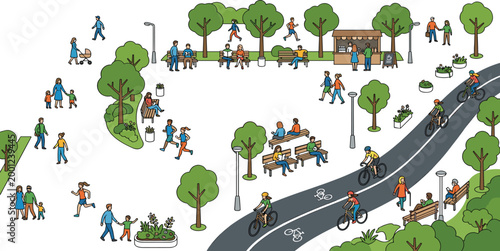 Active community city park scene with diverse people walking running cycling sitting on benches and visiting a coffee stall in a green urban recreation space.