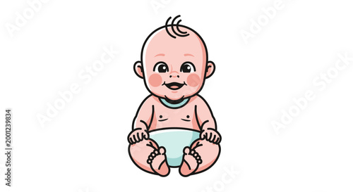 Adorable baby illustration with a happy expression, sitting in a diaper, perfect for parenting, child care, or birth announcements