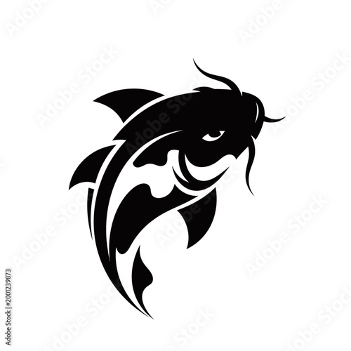 A stylized black silhouette of a koi fish with white markings, depicted in a dynamic pose.
