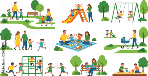 Family and children outdoor recreation set featuring park activities like picnic playground slide swings walking and sandbox play for community lifestyle and parenting themes.