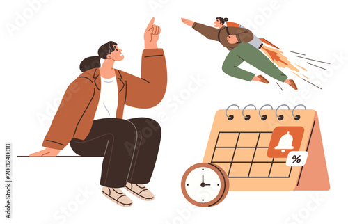 Time management, goal setting, productivity planning, personal growth, focus, motivation. A person thinking, a calendar with a clock and a jetpack figure. Time management and goal setting concept