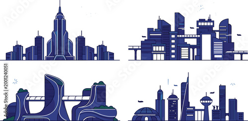 Futuristic city skyline vector set featuring sci-fi skyscrapers modern urban architecture smart city landscapes and cyberpunk metropolis designs for digital technology backgrounds.