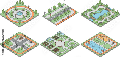 Isometric city park and urban public space vector set featuring playgrounds sports courts community gardens bicycle paths fountains and green infrastructure for sustainable architecture.