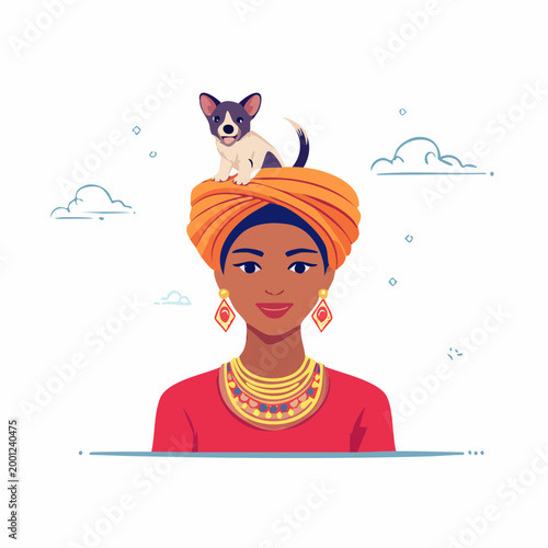 Woman with Dog on Head Wearing Turban and Jewelry