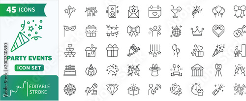Party events icon set . Collection of marriage, ceremony, party, love, rings, marriage, love, dress, bride, music ,bouquet, tuxedo, dress