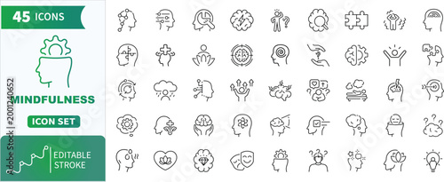 Mindfulness icon set. Collection of mindfulness, Compassion, Meditation, breathe,focus, balance and more.Editable Stroke Vector Icons Collection.