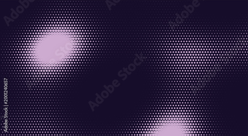 Soft glowing halftone dotted pattern - light pink neon spots, dark purple pixel matrix, gradient blur. ideal for retro disco backdrop, cyber club flyer. abstract stock vector art.