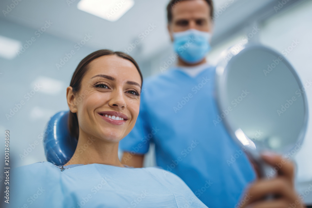 Fototapeta premium Smiling woman in modern dental clinic with dentist and mirror