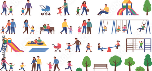 Vector family set with parents and children playing on swings slides seesaws and walking in the park for urban lifestyle and community design projects.