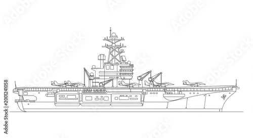 Line Art of a Detailed Aircraft Carrier with Jets and Naval Equipment on Deck