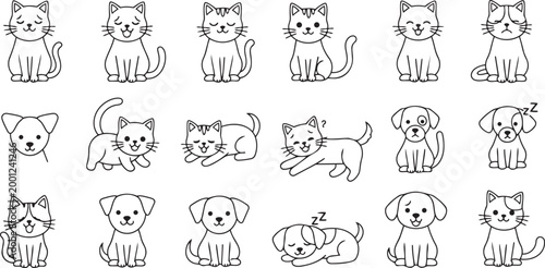Cute pet doodle icon set cats and dogs hand drawn outline vector illustration isolated