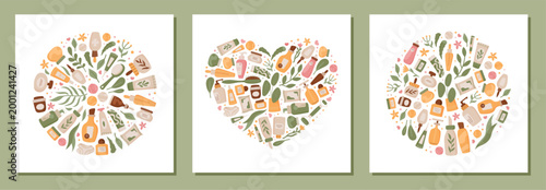 Cute flat bodycare concept set. Heart and circle shape show beauty cosmetic product and skincare idea as playful cartoon icon. Natural organic skin care theme with soft green beige color pattern