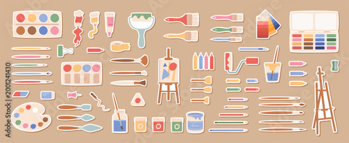 Flat artist patch supplies kit with pastel color paint and brush shapes. Cute art sticker set and palette patch icons suit children class or creative workshop. Beige background supports colorful