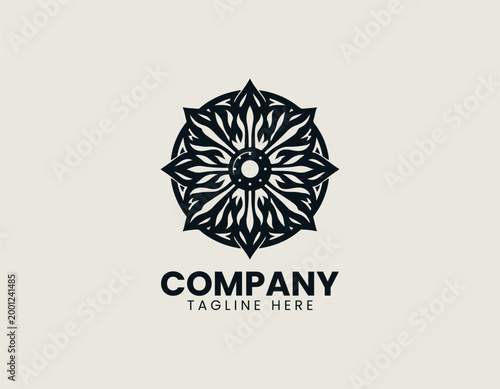 Flame wheel symbol with eight spokes in black vector logo design on white background with energy power and circular emblem concept