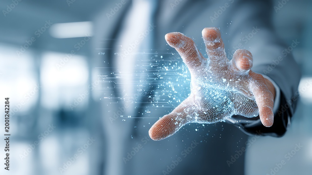 Fototapeta premium human hand in a professional suit interacting with a glowing, translucent 3D holographic data interface.