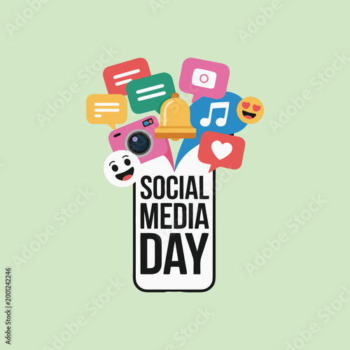 Social Media Day Concept with Smartphone and Digital Communication Icons on Green Background