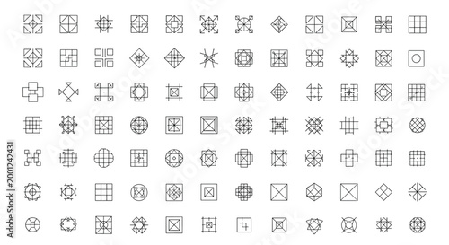 Vast collection of abstract geometric line symbols and minimalist logo marks arranged in grid on white background.