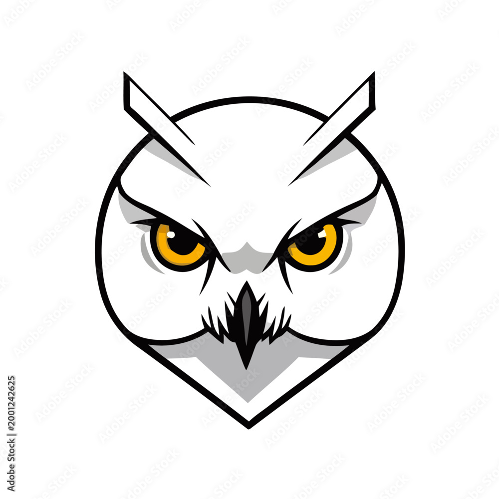 Fototapeta premium A fierce white owl head with intense yellow eyes and a black beak, designed in a graphic, stylized manner.