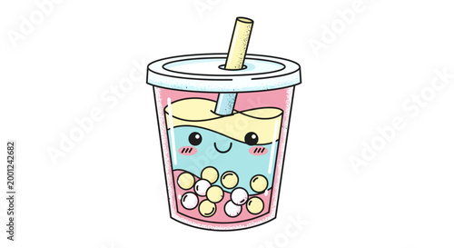 Cute cartoon bubble tea beverage illustration with a happy smiling face and sweet tapioca pearls, ideal for playful food and drink designs