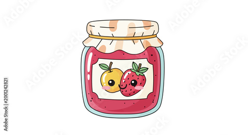 Charming cartoon illustration of a glass jar filled with delicious fruit jam, featuring cute apple and strawberry characters, perfect for a sweet treat concept and food-related designs