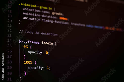 Close up of CSS animation code on computer screen showing keyframes, opacity transition and frontend development. Concept of web design, user interface motion and modern digital technology.