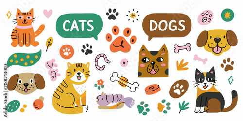 cats and dogs playful pets with colorful speech bubbles