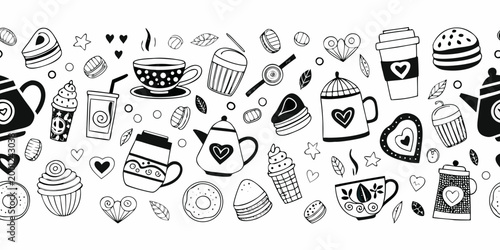 hand drawn coffee and tea cups with desserts on white background