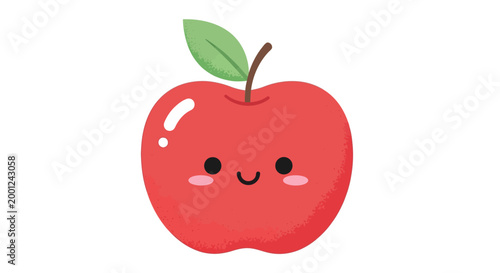 Kawaii Style Red Apple with Leaf and Stem - Cute Cartoon Illustration for Food and Drink Concepts