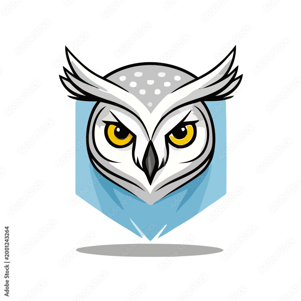 Fototapeta premium A stylized white owl head with intense yellow eyes on a blue shield emblem, representing wisdom and strength.