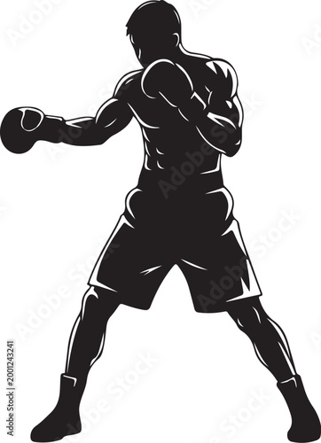 Black silhouette boxer throwing punch white background
