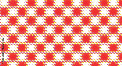 Abstract halftone checkerboard pattern. red squares, white dots, yellow gradient, geometric grid, optical illusion. for retro pop art background, textile print. stock vector