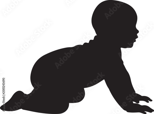 Black silhouette of baby crawling on hands and knees
